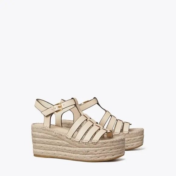 T-50. Tory Burch Fisherman Espadrille Wedge New Ivory US 10.5